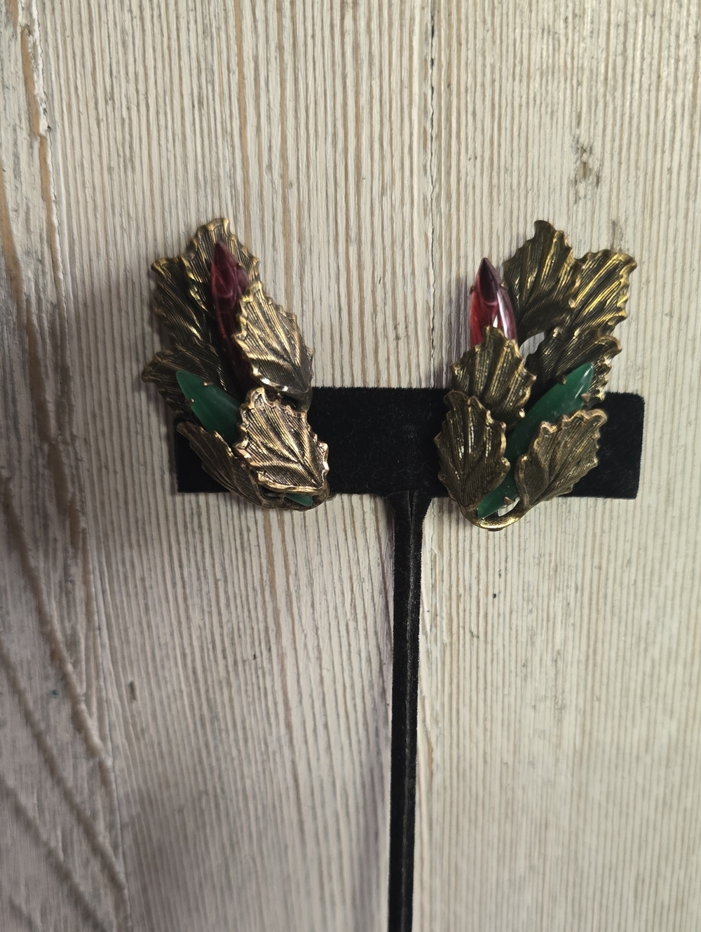 ALICE CAVINESS Gold Leaf Clip-On Earrings with Green and Burgundy Accents